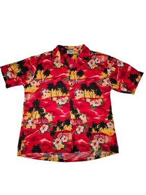 Pacific Legend Hawaiian Shirt Men's Size 2XL Red Floral Palm Tree Sunset Print